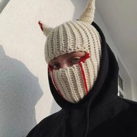 Halloween Funny Horns Knitted Hat Beanies Warm Full Face Cover Ski Mask Hat Windproof Balaclava Hat Outdoor Sport