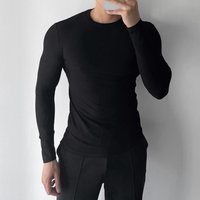 Long Sleeved Ribbed T Shirt Casual Crew Neck Fitness Sports Stretch Slim Fit Base Layer Inner Tight Top Machine Washable
