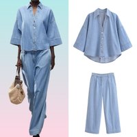 2025 Summer Outfit Set Two Piece Wide Sleeve Denim Shirt Long Pants