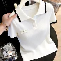 Preppy Korean Style Block Knit Top Slimming Curvy Fit Short Sleeve Collared Plus Summer