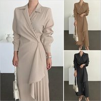 formal elegant shirt dress Retro long solid long waist dress