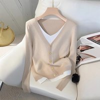 Clothing two piece design contrast long sleeved sweater autumn winter bottoming top knitted cardigan