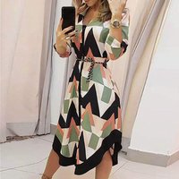 MIDI Print Plaid Lapel Lace up Dress