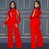 Women's Fashion Hollowed-out Long-sleeved Trousers Lace-up Jumpsuit