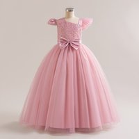 "Elegant One Shoulder Flutter Sleeve Party Dress For Teen Girls, Sparkling Sequined Bow Accent, Fitted Waist & Puffy Princess Silhouette