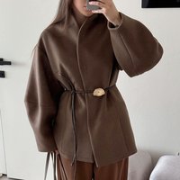 "Women's Wool-Look Trench Coat – Belted Long Polyester Coat With Stand Collar (Brown) S/M/L"