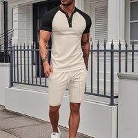 Cross border European American Summer 2025 T shirt Round Neck Short sleeved Waffle Shoulder Sleeve Two piece Shorts Set