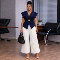 African Print Pant Set V Neck Short Sleeve Top Pleated Trousers American Style Plus Summer Temperament