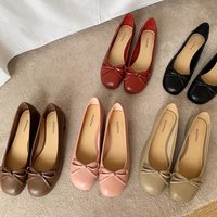 Cowhide Version Casual Retro Round Toe Shallow Mouth Bow Thick Heel Ballet Shoes
