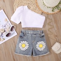 Children’s Solid Color Striped Short-sleeved Top With Diagonal Shoulder Small Zou Chrysanthemum Printed Denim Open-pocket Shorts