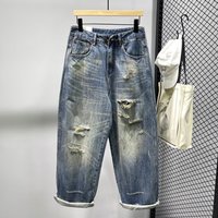 Men's Distressed Ripped Jeans High Street Baggy Cargo Pants Straight Leg Retro Washed Denim Trousers