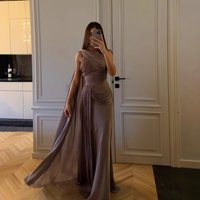 Elegant Satin Evening Gown Pleated Ribbon Details – Flowy Long Dress Weddings & Special Occasions