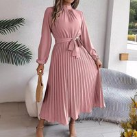 2025 Autumn Winter Elegant Stand Collar Sleeve Waist Pleated Long Dress Small Gown Clothing
