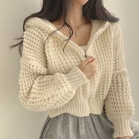 Hooded short sweater coat 2023 autumn winter lazy style design thick needle lapel loose sweater