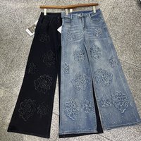 Slimming Stretchy Denim Jeans American Style Floral Rhinestones Wide Leg Straight Leg Fashionable Spring Design