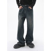 Men's Clothing Basic Washed Distressed Denim Blue Loose Straight Casual Trousers
