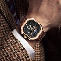 Men’s Stylish Octagonal Quartz Watch With Date Function, Water Resistant, Genuine Leather Strap, Mineral Crystal Glass, Sporty Design