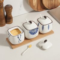 Japanese Underglaze Ceramic Spice Jars Lid & Spoon – Set 3 Elegant Storage Salt Pepper Seasonings