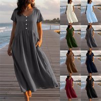 Breathable Linen Blend Button Down Shirt Dress Casual Short Sleeve Midi Dress