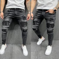 Skinny Ripped Jeans Fashion Grid Beggar Patches Slim Fit Stretch Casual Denim Pencil Pants Painting Jogging Trousers