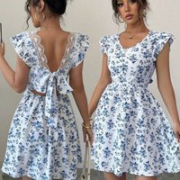 Clothing Floral Print V Neck Dress Ruffled Hem