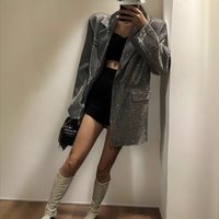 Plus Size Sequin Blazer For Women – Oversized Retro Longline Jacket (Grey/Black, XL-5XL) | Streetwear & Office Chic
