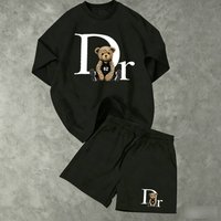 Clothing Summer DR Bear Beaded Short Sleeve T Shirt Set High Waist Split Skirt Casual Stylish Polyester Clothing Micro Elastic