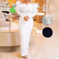 Elegant One Shoulder Feather & Beaded Evening Gown Glamorous Pearl Sequins Embellished Dress