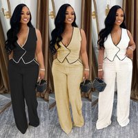 Casual V Neck Button Up Top & Long Pants Set Breathable Polyester Blend Comfortable Office Wear & Daily Outfit 