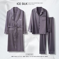 Three-piece ice silk pajamas men's spring and autumn long sleeves 2023 new autumn and winter robe bathrobe high-end home clothes