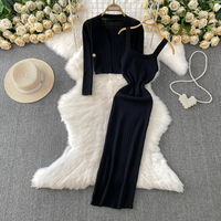 Clothing Fashionable Temperament V Neck Long Sleeved Knitted Cardigan Short Jacket Striped Waist Slimming Suspender Dress Suit