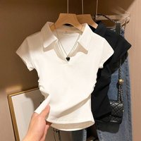 Clothing Polo Collar Short Sleeved T Shirt Tight Waist Lapel High Waist Straight Shoulder Top
