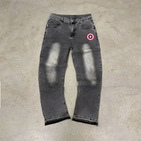 US Map AA Distressed Denim Jeans Straight Cut Fringe Hem Pants 3D Embroidered Coordinates