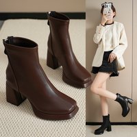 2026 Autumn Winter New French Retro High Elegant Short Fashion Chunky Heel Back Zipper Square Toe Women's Boots Trendy