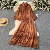 Elegant Hollow Lace Lantern Sleeve Blouse & High Waist Slim Skirt Set Breathable Polyester Summer Outfit