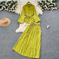 Women’s Clothing Minimalist Style Solid Color Temperament Suit Women's Spring Puff Sleeve Tie Shirt + Elastic Waist Slim Long Skirt