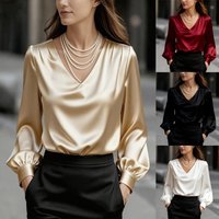Elegant V Neck Blouse Puffed Sleeves & Satin Finish – Chic Office & Casual Wear Black White Beige Red 