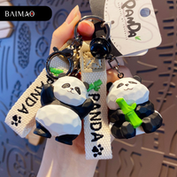 Bag Pendant Handcrafted Panda Couple Keychain Resin & Wood Carving Style Bamboo Accents 