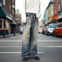 Vintage Washed Denim Jeans Chain Accent & Paint Splatter – Relaxed Straight Fit 