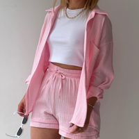 long sleeved shirt high waist drawstring shorts fashion casual two piece suit