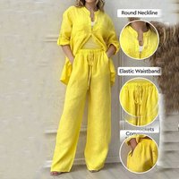 Clothing Casual Cotton Linen Solid Shirt Drawstring Wide Leg Pants Suit