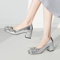 Cameido Women's Light Luxury And Simple Silver Mid-Heel Round-Toe Thick-Heel Sandals