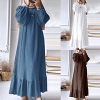 Fashion Muslim Long Robe Spring Autumn Bubble Sleeve Vintage Pocket Hem Lace Trim Dress Elegant Female Top