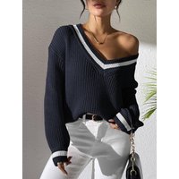 Casual V Neck Sweater Blocking Loose Fit College Style Versatile Cozy Pullover Everyday Wear