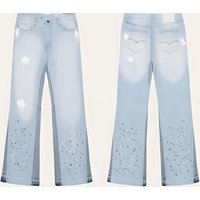 Unisex Vintage Washed Light Blue Distressed High Street Flared Jeans With Patchwork Design – Comfortable & Stylish