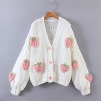 Clothing style mohair coarse knitted cardigan sweater female V neck lantern sleeve strawberry coat