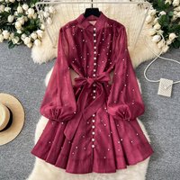 Clothing Heavy Diamond Lantern Sleeve Tie Waist Single Breasted Dress Female Celebrity Elegant Dress