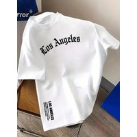 100% Pure Cotton Men's Summer Fashion Short Sleeved Los Angeles Letter Printed Casual Slim Fit Versatile Top