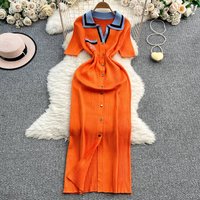 Women's Knitted Polo Collar Dress With Slit Short Sleeves And Embroidered Letters Waist Cinching Slimming Long Skirt Effect Pullovers
