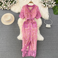 High-end Professional Temperament Short-sleeved Collar Waist Slim Single-breasted Lace Hip-wrapped Dress